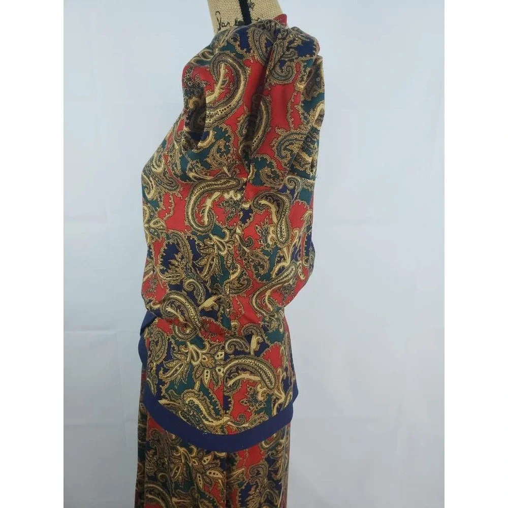 Lisa Petites Womens Peplum Dress Khaki Tan Red Paisley 3/4 Sleeve Vintage 10 U10